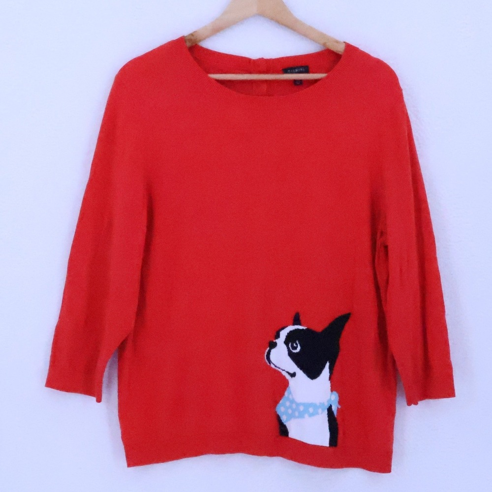 Talbots Boston Terrier Dog Knit Sweater Size XL Red Lightweight Cotton Blend